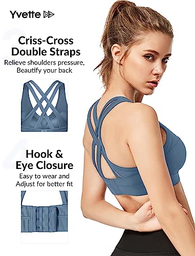 Image of Yvette Women High Impact Sports Bras Criss Cross Back Sexy Running Bra for Plus Size, Lake Blue, M(DF)