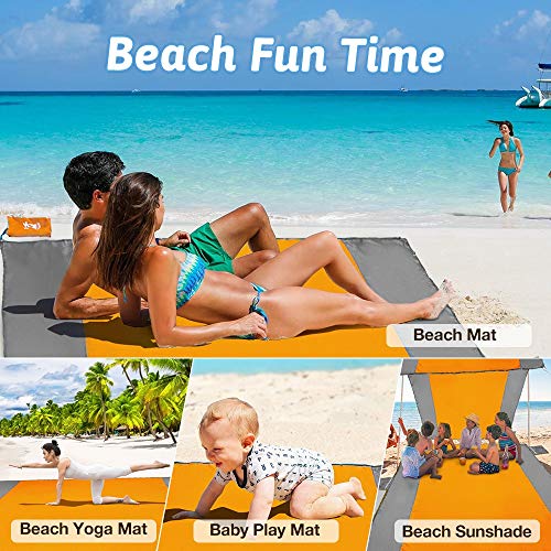 POPCHOSE Sandfree Beach Blanket, 83 X78 inches Sandproof Beach Mat for 4 Adults, Waterproof Pocket Picnic Blanket with 6 Stakes, Outdoor Blanket for Travel, Camping, Hiking