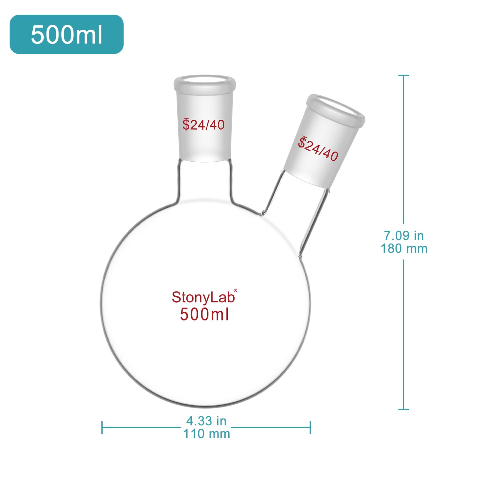 stonylab 500ml 2 Neck Flask Rundkolben, Borosilikat Glas Dreihalskolben Rundkolben RBF mit 24/40 Standard Taper Outer Joint, 2 Neck Round Bottom Flask - 500ml