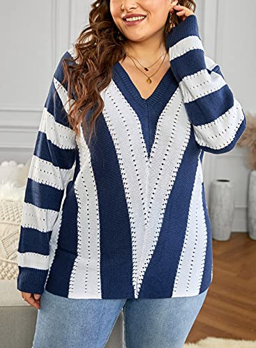 Image of FEKOAFE V Neck Sweater Striped Long Sleeve Knit Pullover Sweaters for Women
