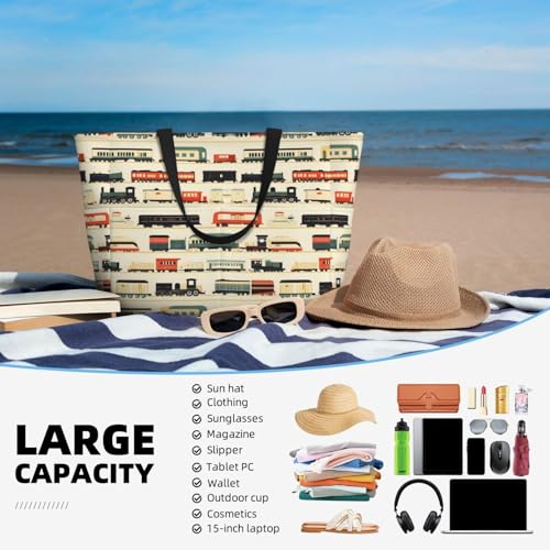 Large Beach Bags for Women Sandproof - Vintage Train Colorful Print Summer Travel Work Tote Bags with Zipper4