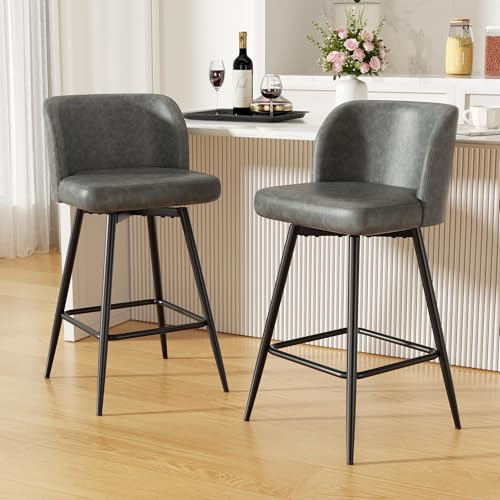 Image of Swivel Bar Stools Set of 6, 26 inch Counter Height Bar Stools with High Back and Metal Legs, Faux Leather Bar Chairs, Modern Barstools for Kitchen Island, Light Grey