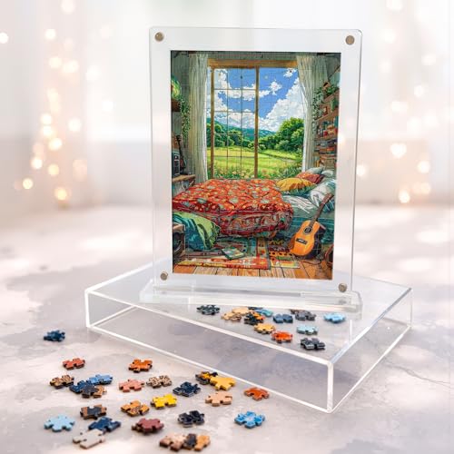 Image of Mini Leaves Morning Light Acrylic Frame Jigsaw Puzzle 140 Pieces | Cozy Room Desk Decor with Display Frame | Premium Gift for Art & Puzzle Lovers