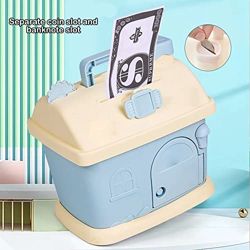 Image of WISHKEY House Shaped Piggy Bank for Kids, Money Saving Box Money Bank Container with Handle and Keys Cute Piggy Bank with Lock,ATM for Real Money, Gifting Item for Kids (Pack of 1, Blue)