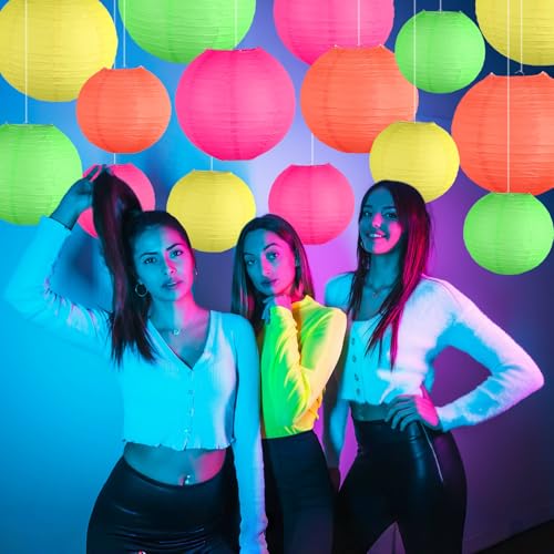 Image of 15-Pack Glow in the Dark Party Supplies, Neon Party Decorations | UV-Reactive Colorful Hanging Paper Lanterns for Birthday, Wedding, Baby Shower, Classroom Decor, Bars & Blacklight Events