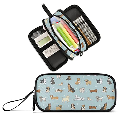 Image of Cute Puppy Dog Large Capacity Pencil Case Pencil Pouch Pen Box | 3 Compartment Large Storage Pencil Bag for Adults School Office Teen Girl Boy Men Women