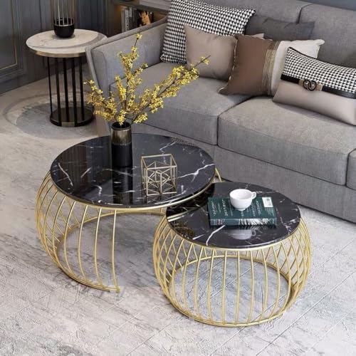 Image of Modern Coffee Tables Round Marble Laminated Tables Set of 2, Stacking Couch Center Table with Golden Metal Frame for Living Room, Bedroom or Apartments (Golden Black)