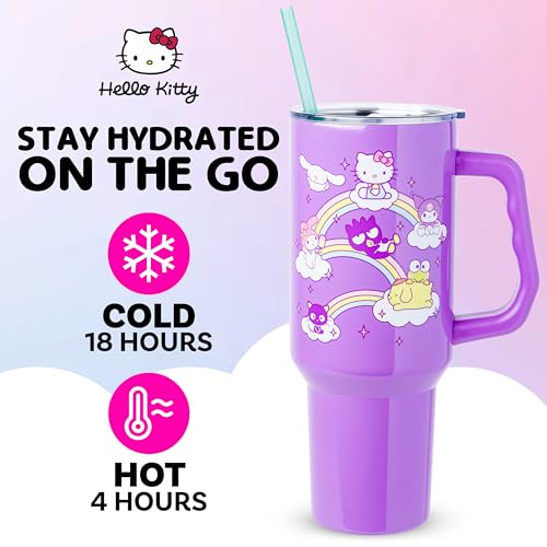 Image of Silver Buffalo Sanrio Hello Kitty and Friends Featuring My Melody, Cinnamoroll, Kuromi, Chococat, Badtz-Maru, Keroppi, and Pompompurin Double Walled Stainless Steel Tumbler with Handle, 40 Ounces