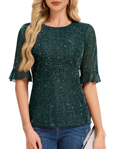 T-shirt de fête vert foncé à sequins HomRain pour rayonner lors de vos soirées chics