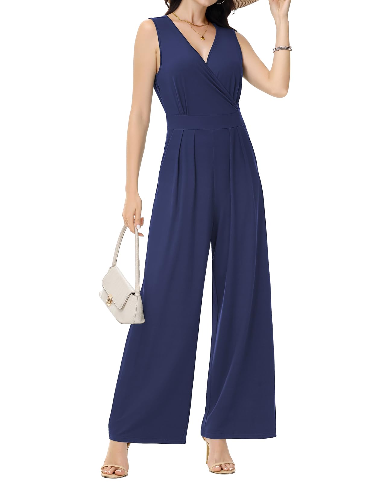 Tanmolo Damen Jumpsuit Elegant Festlich Sommer Ärmellos Overall Weites Bein Romper Mit Taschen Kurz