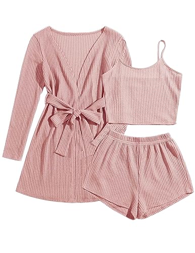 Image of Ekouaer Pajamas for Women Set 3 Piece Lounge Set Soft Pajama Sets Waffle Knit Tank Top and Shorts Cardigan with Pockets S-XXL