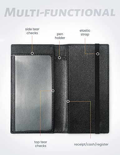 Image of Yarnic Checkbook Cover for Personal Checkbook, Checkbook Holder with Pen Holder & Built-in Clear Plastic Divider for Duplicate Checks (Black)