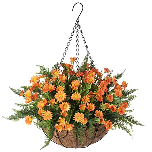 Artificial Hanging Flower In Basket For Home Courtyard Decoration, Artificial Silk Chrysanthemum And Afern Arrangement In 12 Inch Coconut Lining Hanging Basket For Outdoors Indoors Decor(Orange) #TOP17
