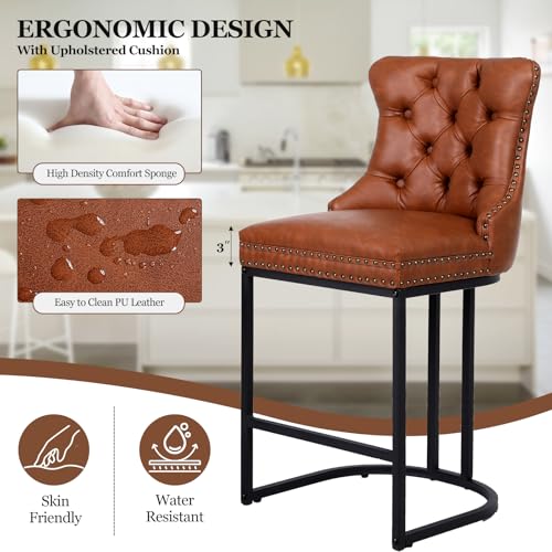 Image of UVV Counter Height Bar Stools Set of 3, 26 inch Modern Barstools with Back, Faux Leather Upholstery Counter Chairs with Metal Legs for Kitchen Island, Bar, Counter, Brown