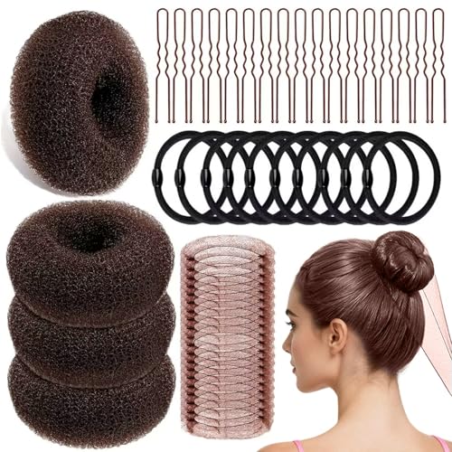 YINGFENG 134 Pcs Brown Hair Bun Maker Kit Medium - 4 Bun Hair Pieces for Women 20 Hair Net for Buns 100 Bobby Pins for Women 10 Hair Bands for Ballet Styling Hair Accessories for Girls