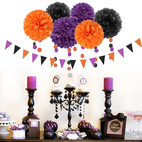 Image of Black Purple Orange Halloween Party-Decorations - 23pcs Tissue Pom Poms Streamers,Tassel Garland Banner,Graduation 2026 Birthday Wedding Baby Bridal Shower Decor Bunting Lasting Surprise