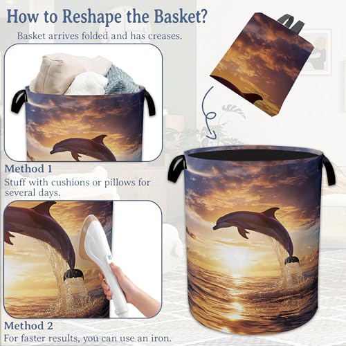 Image of Dolphins Laundry Basket,Foldable Oxford Cloth Sunset Laundry Hamper With Handle, 20.8 inchx16 inch Portable Clothes Storage Basket Bag for Laundry Room /Bathroom /Bedroom /Dormitories