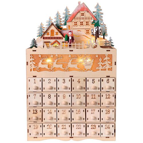 Holyart Avvento: Calendario d'Avvento legno con paesaggio montagna renne 35x20x10 cm luce bianco caldo