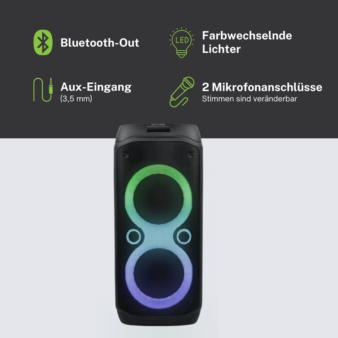 MUSE M1937DJ Głośnik Bluetooth z portem USB do odtwarzania i ładowania, czytnik kart Micro SD 2 wejścia mikrofonowe wejście pomocnicze, kolorowe światła, regulacja basów i tonów, para stereo.
