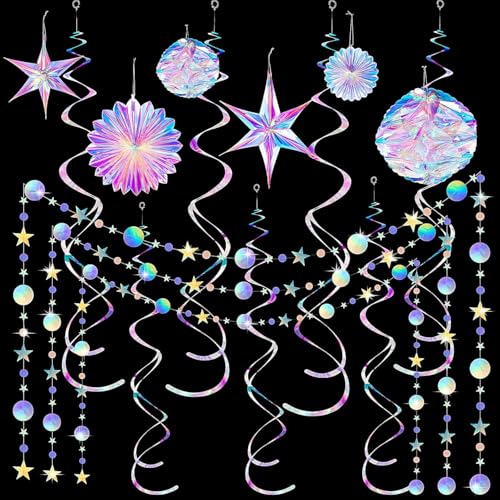 29 Pieces Iridescent Holographic Party Decorations Glitter Swirl Streamer Galaxy Garland...