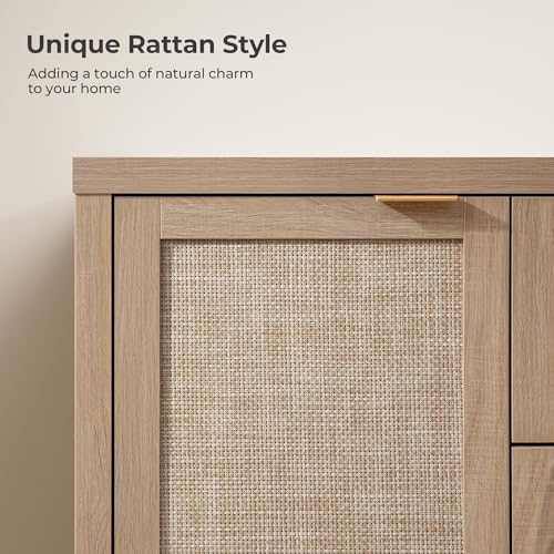 Image of SICOTAS 52 Inch Sideboard Buffet Cabinet with Storage, Rattan Credenza | Farmhouse Boho Coffee Bar Cabinet Storage Cabinet with 3 Drawers, Console Table for Living Room, Kitchen, Hallway