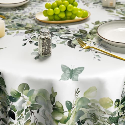 Image of Horaldaily Spring Tablecloth 70 x 70 Inch Round Green Eucalyptus Seasonal | Washable Table Cover for Party Picnic Dinner Decor