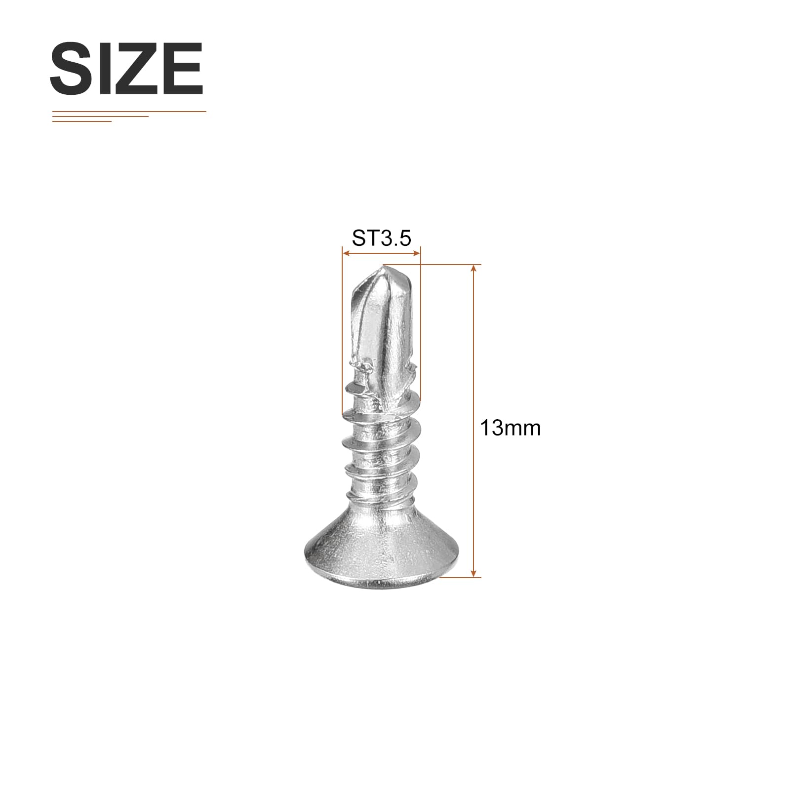 DTGN 100Pcs ST3.5x13mm Self Drilling Screws, 410 Stainless Steel Flat Head Phillips Sheet Metal Screw - Good for Wood to Metal, Furniture - Silver - Image 2