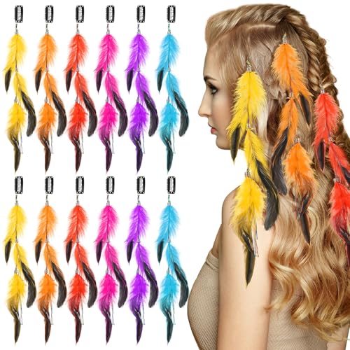 Geyoga 12 Pcs Clip in Hair Feathers Extensions for Women Colored Boho Feather Hair Clips Halloween Cosplay Costume Carnival Party Headdress Accessory Gifts(Multicolor,Standard)