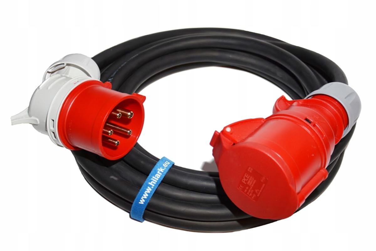 Hilark Cavo di prolunga in cloruro di polivinile H05VV-F 5g2,5 mm (5 x 2,5 mm²) Spina angolata 400V 16A IP44 - Cavo elettrico in PVC per cantiere, industria, uso esterno (10 metri, Nero)