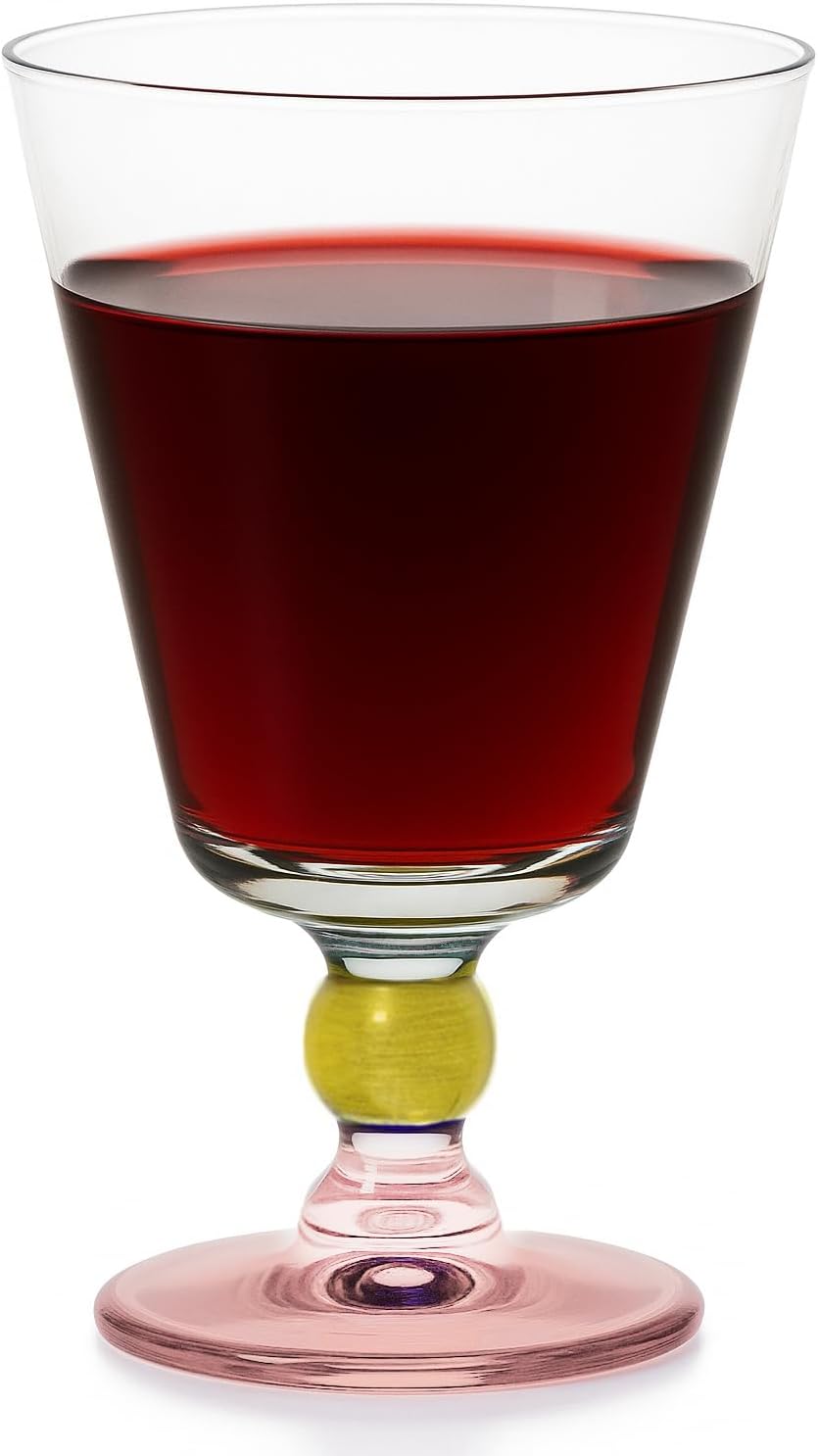 Barski Glass Goblet - Wine Glass - Colored Stemmed - Set of 6 Glasses - Gold Ball - Rose Colored Base - 8 Oz. - Made in Europe