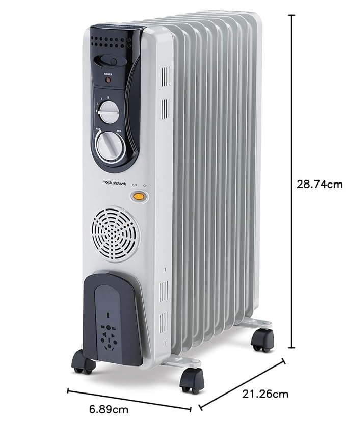 Image of Morphy Richards OFR 09F 2400W Oil Filled Radiator Room Heater | 9 Fin | PTC Fan Heater | Adjustable Thermostat | Overheat Protection | Castor Wheels | Silent Operation | 2 Year Warranty | Grey