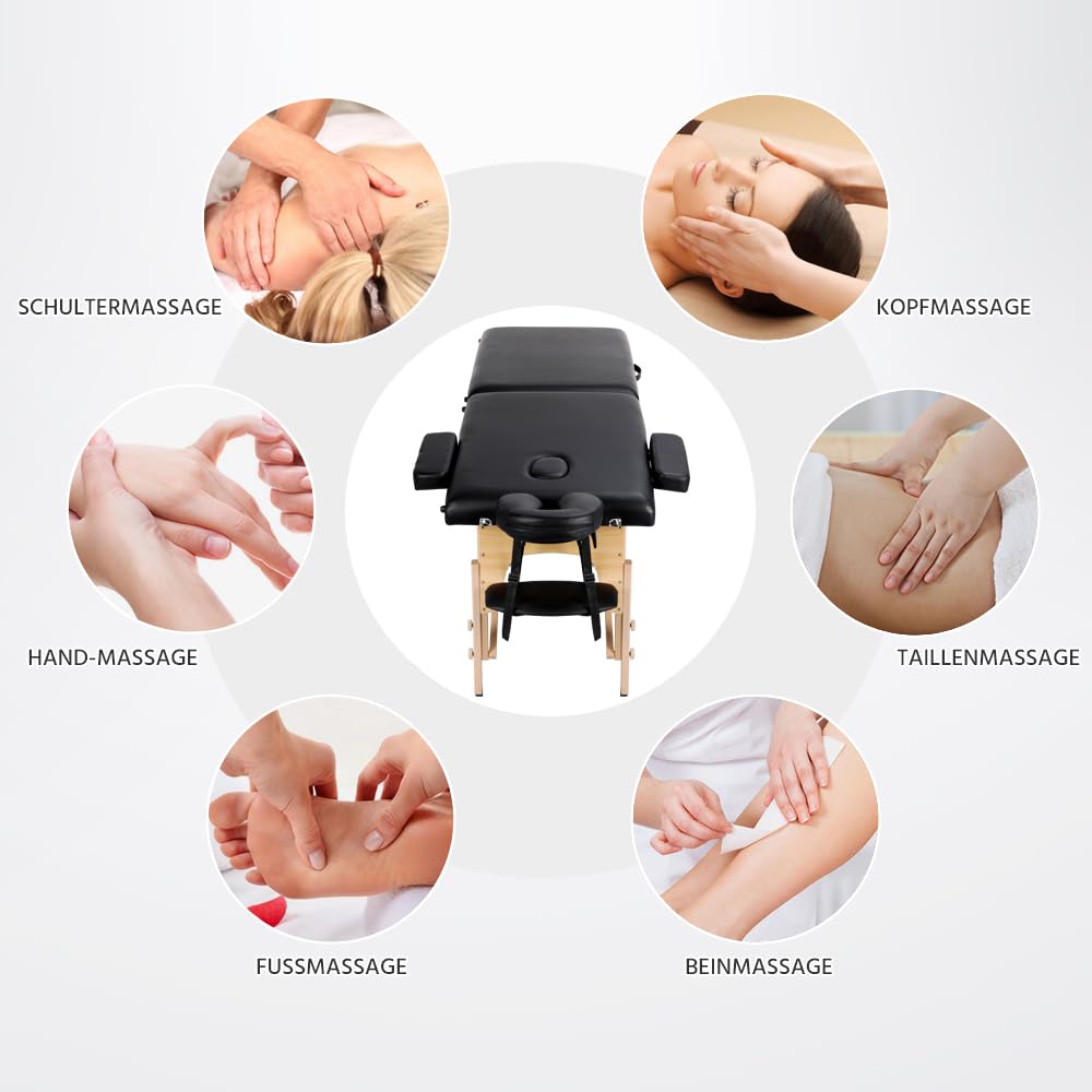 Yaheetech Table de Massage Pliable 2 Zones 213 x 82 X 85.5 cm Lit de Massage Portable Réglable en Hauteur avec Repose-tête et Accoudoirs pour Thérapie Salon Massage Noir