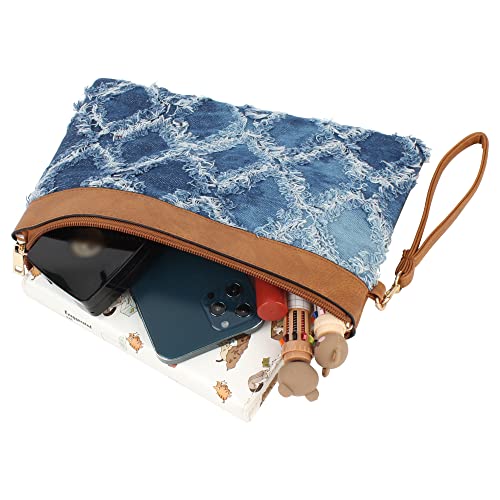 Image of Women Denim Wristlet Clutch Purses Wallet Envelope Handbag PU Leather Quilted Distressed Zipper Satchel