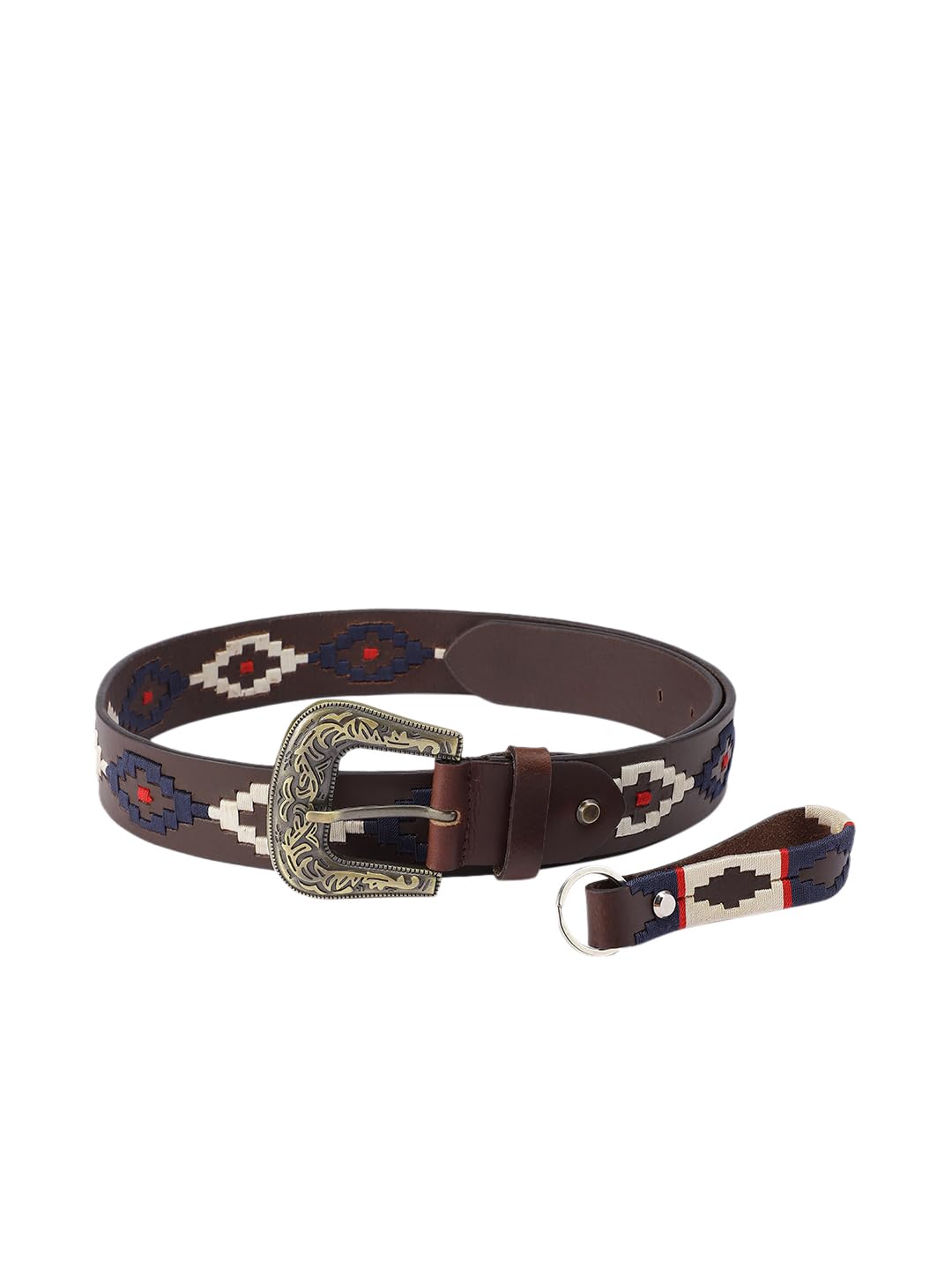 Genuine Leather Printed Belt with Decorative Metal Buckle| Adjustable Fit, Detachable Key Ring Loop | Handcrafted Design for Casual Wear, Jeans and Western Style | Brown | Gifts for Women-image-16