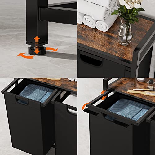Amhancible Laundry Basket,Laundry Hamper Double,Laundry Sorter 2 Section,2 Removable Oxford Fabric Bags 48L X 2（13 X 2Gal), Steel Frame And Top Shelf,28.7 X 11.8 X 28.5 Inch,Rustic Brown/Black #TOP5