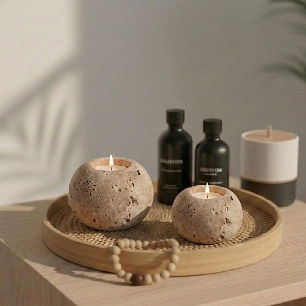 Radicaln Portacandele in marmo da 10,2 cm in travertino decorativo fatto a mano per la decorazione della casa, elegante set di 3 mini portacandele e portacandele in marmo per l'inaugurazione della