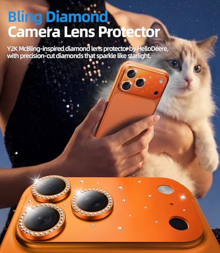 Image of HelloDeere for iPhone 17 Pro Camera Lens Protector [Not Easy to Break] [Ultra Bright] Round Gold Diamond Bling Tempered Glass Metal Frame Camera Cover for iPhone 17 Pro Lens Case Friendly (Orange,1 Pack)