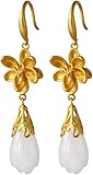 JUCACE Ohrstecker,Eardrop,Ears925 Sterling Silber Vergoldet Kapuzinerkresse Weiße Jade Ohrringe Länge Trimmen Gesicht Quaste Ohrstecker Silberne Ohrringe/Lotusohren