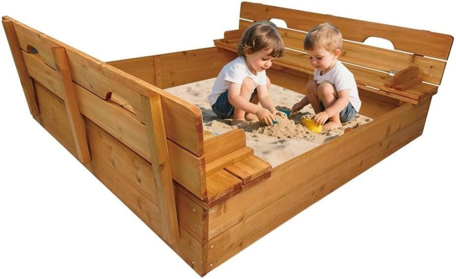Beipoo Kids Wooden Sandbox with Cover, Large Wood Sandbox with 2