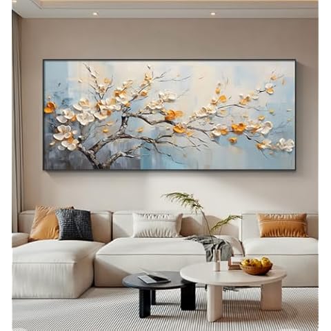 Hand-Painted Plum Blossom Oil Painting for Living Room,Framed White and Yellow Flower Canvas Wall Art for Bedroom,3D Modern Floral Wall Decor Office Home Decor Ready to Hang 24x56 inches Cover