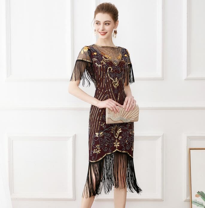 Image of 867 - Plus Size 1920s Vintage Fringed Sleeves Gatsby Sequin Tassels Hem Flapper Party Prom Cocktail Concert Dress