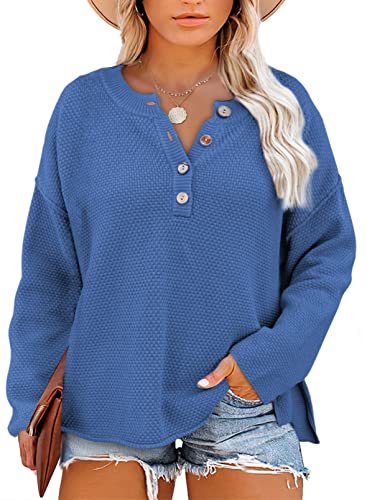 Image of Eytino Womens Plus Size Sweaters Casual Long Sleeve Loose V Neck Button Henley Tops Pullover Knit Jumpers,(1X-5X)