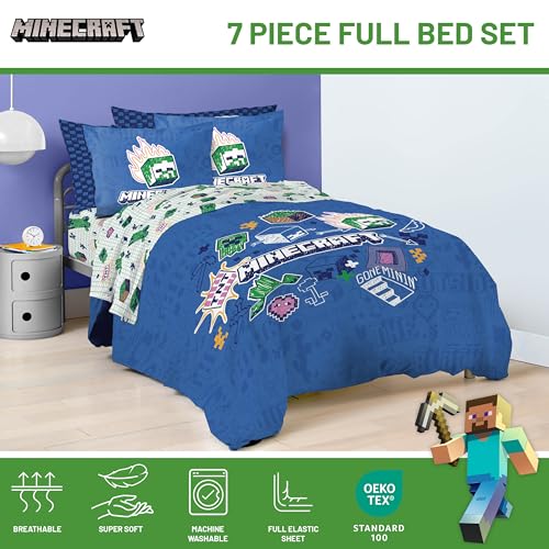 Image of Minecraft Creeper Full Size Comforter Set 7 Piece Kids Bedding, Blue | Gaming, Bed in a Bag, Comforter Sheets Shams Pillowcases, Official Product, Soft Microfiber, Machine Washable, Girls Gift