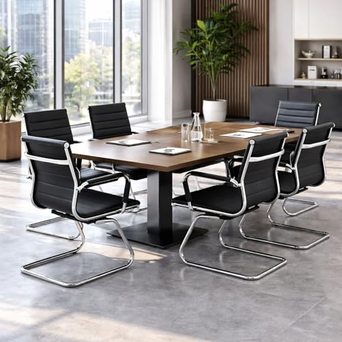 Image of Conference Room Chairs Set of 6, Waiting Room Chairs with Arms, Faux Leather Reception Chairs No Wheels, Office Guest Chairs with Mid Back Support and Chrome Sled Base, Black