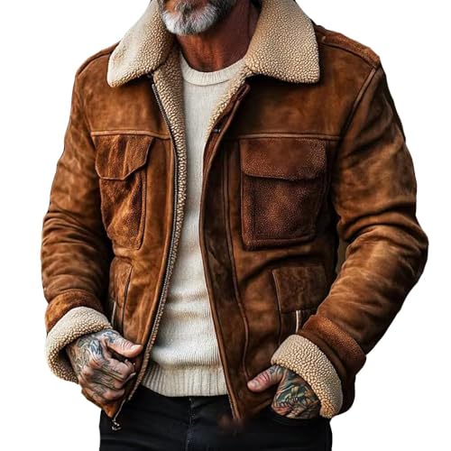 Suede Jacket for Men Warm Outdoor Vintage Patchwork Pocket Plush Reversed Collar Western Jackets Coat for Men
