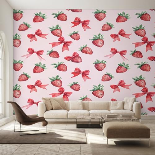 Genérico Papel Pintado Fresa, Papel Pintado Pared Lazo Fruta Roja de Decorativos del Hogar, para Salon Dormitorio Decoracion Pared, 300x210cm D&O119