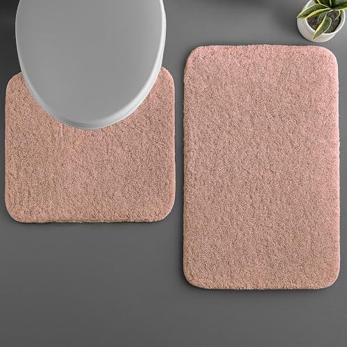 Image of LUXE HOME INTERNATIONAL Polyester Contour Bath Mat - Washable, Anti Skid, Water Absorbent Contour Mats for Bathroom, Toilet, Wash Basin & Bathroom Contour Mat Set (Peach, 45x 75 cm & 40x45)