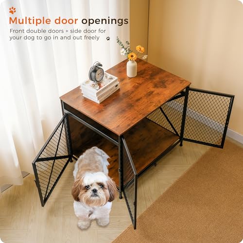 Image of Dog Crate, 25 inch L, Three-Door Kennel Expansion, Dog Furniture House Now Up to Large Dog, Rustic Brown