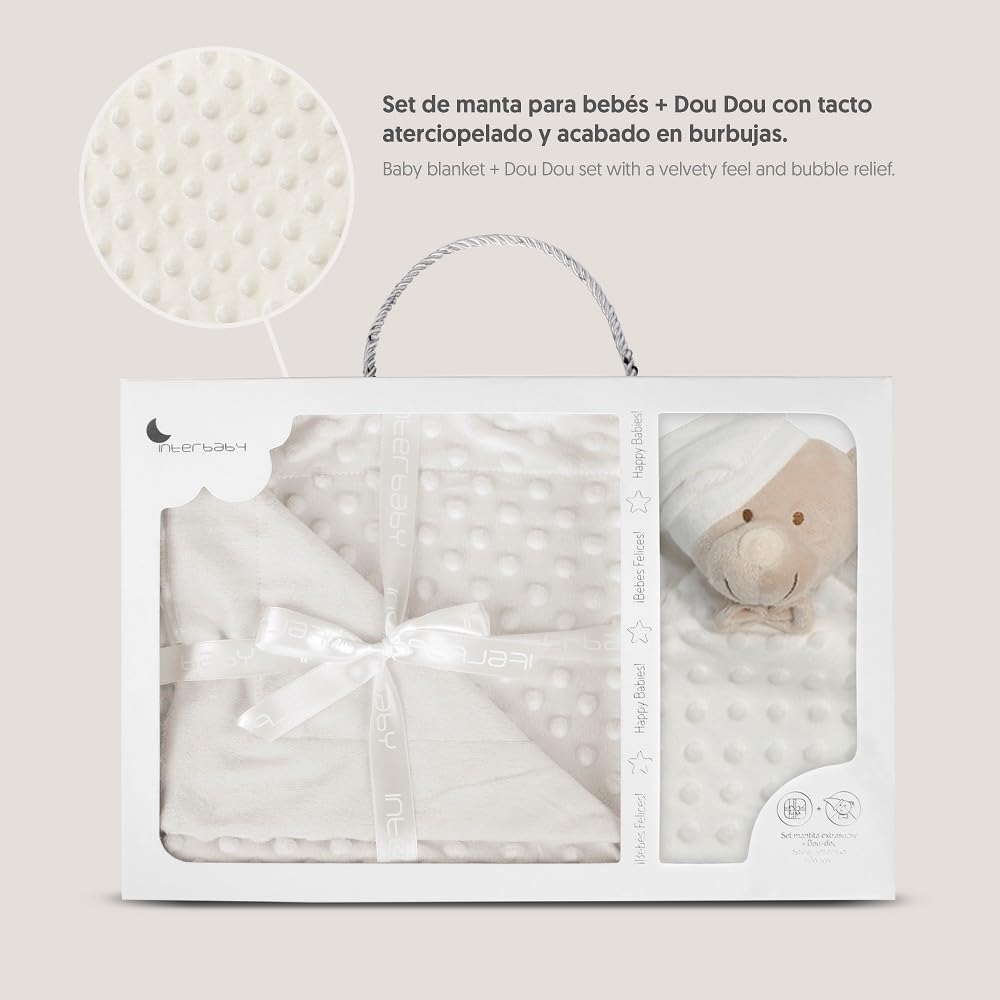 Interbaby Couverture+ Doudou Bébé | Couverture Bébé Naissance Bulles 80x110cm + Peluche Ourson 28x17cm | Cadeau Naissance Fille & Garçon en Coffret | Bulles + Ourson Beige