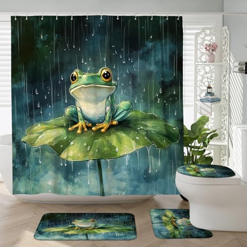 4PCS Vintage Cute Frogs Bathroom Accessory Sets with Non-Slip Rug, U Shape and Toilet Lid Cover Mat, Pond Lotuses Leaf Kid Bathroom Fabric Decor-72''x72''